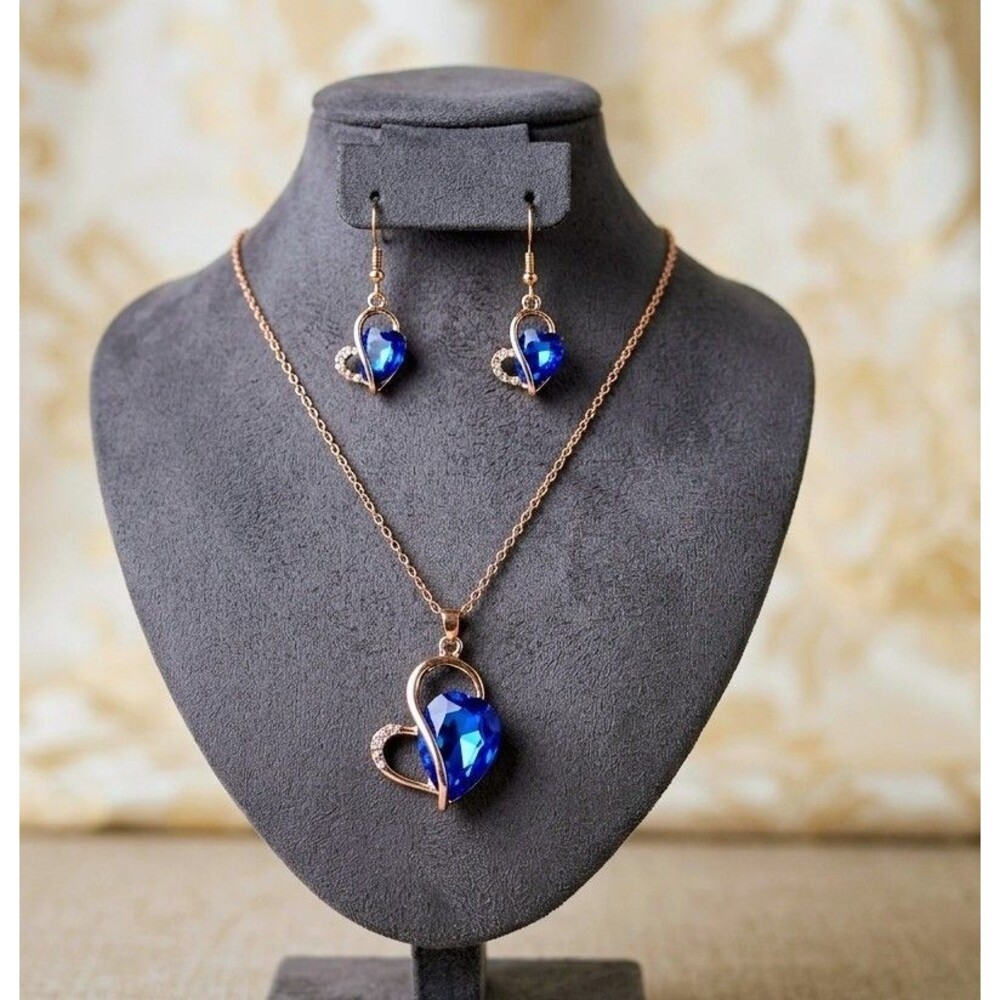 Gold Tone Blue Heart Pendant Necklace & Dangle Earrings Fashion Jewelry Set